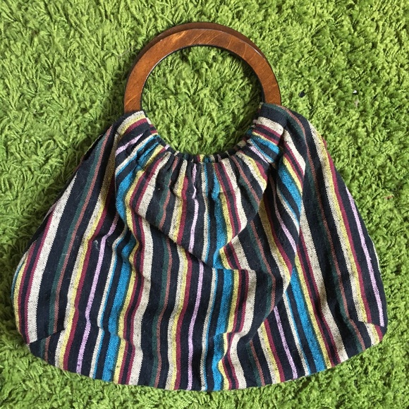 Multicolored woven tweed fabric textured bag canvas style clutch wood handle - Picture 1 of 3